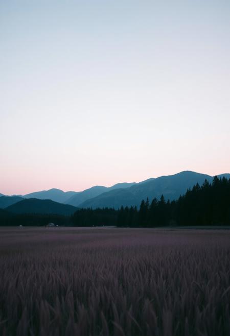 A tranquil landscape featuring a gradient sky transitioning from pale blue at the top to soft pink near the horizon. In the foreground, a field of tall grass exhibits hues of muted pink and purple. Rolling mountains rise in the background, shaded in soft blues and grays, while dense evergreen trees border the scene, creating a peaceful, serene atmosphere at dusk. highly detailed and hyper realistic photo, by Alena Aenami , by Archibald Thorburn , by Daniele Afferni , in the style of  monochromatic silhouette reflection,  limited dark palette, unusual dark colors, faded colors, atmospheric haze, highly dramatic cinematic lighting, motion blur, film grain,  professional, excellent composition, finest details, maximized details, ultimate detail level, masterpiece, best quality
