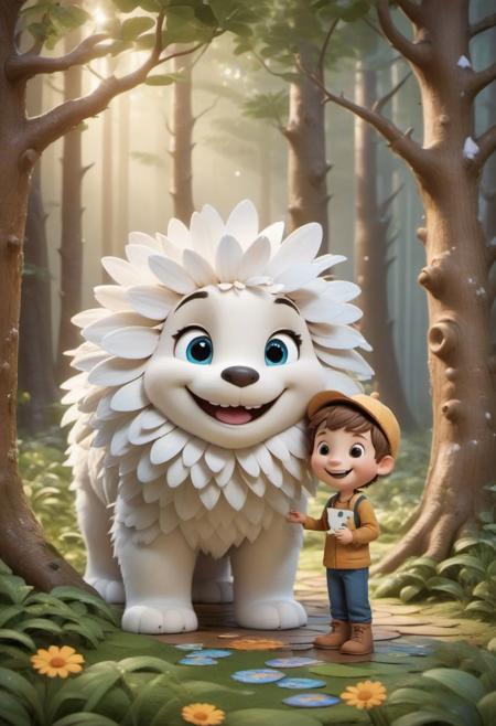 Create a beautifully detailed digital artwork depicting a cute boy and a whimsical, friendly creature playing with a puzzle. The scene should be rendered in 8K, capturing every intricate detail of this adorable moment. The boy is portrayed with a heartwarming smile, exuding joy and curiosity. 
The friendly creature is a fluffy and furry being with a snowy white appearance, featuring large, soulful eyes and a beaming wide smile. It wears a large, perfectly shaped daisy as a hat, adding to its enchanting and playful presence. The setting has a soft focus and a dreamy depth of field, making the entire scene appear magical and charming. 
This 3D rendered illustration should showcase a highly detailed and captivating interaction between the boy and the creature. The vibrant colors and finely detailed textures should bring the scene to life, highlighting the bond and playful atmosphere shared between them. The artwork should be incredibly adorable and visually stunning, reflecting a perfect blend of whimsy and warmth.
3D Render Style, 3DRenderAF