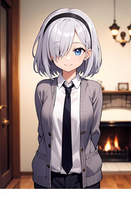 (insanely detailed, absurdres, ultra-highres, ultra-detailed, best quality:1.1),
1girl, solo, 
BREAK
slender, kawaii, perfect symmetrical face, 
ultra cute girl, ultra cute face,
ultra detailed hair, ultra cute, ultra beautiful,
(ultra detailed eyes:1.4), (shiny eyes:1.3),
silver hair, smile, medium hair, 
(gray eyes:1.2), (messy hair:1.2), 
(hair over one eye:1.2), (shaded face:1.3), 
BREAK
collared shirt, black necktie, 
long sleeves, black hairband,
gray cardigan, 
dynamic angle and pose, cute pose,
arms behind back, 
BREAK
depth of field, (panorama view:1.3), (blurry background:1.3),
fireplace,  
BREAK