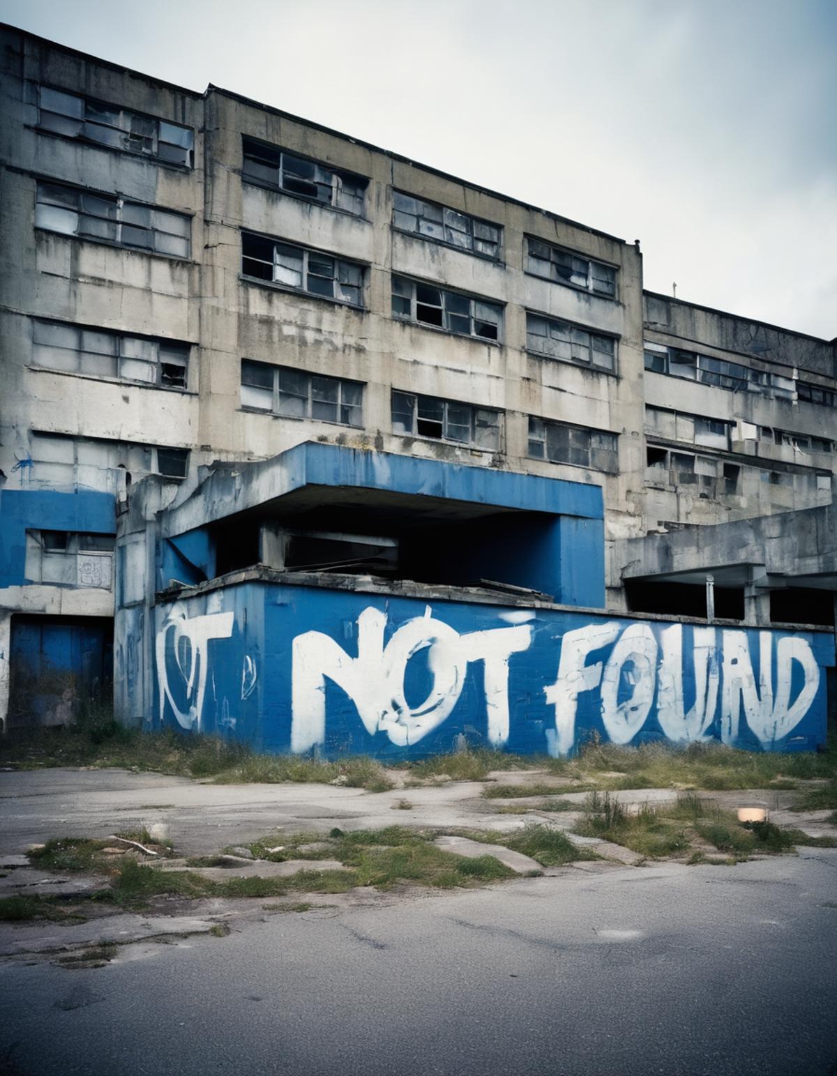 Graffiti on the side of a building that says "not found".