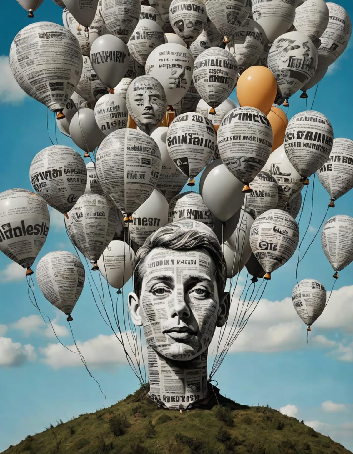 A portrait made of balloons of a young man with a newspaper background.