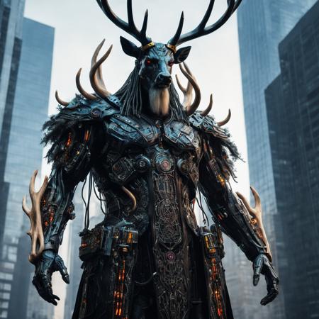 macabre style, Cyborg Cyberpunk neon Celtic god male Cernunnos, heavy defensive suit, fat large armor,(very big deer antlers:1.3) made of  colorfull neon, very long viking beard,(with cybernetic enhancements:1.4),three-quarter shot,<lora:JuggerCineXL2:1>android, AI, machine, metal, wires, tech, futuristic, highly detailed, urban, cityscape, skyscrapers, modern, futuristic, highly detailed <lora:CyberPunkAI:1>, dark, gothic, grim, haunting, highly detailed