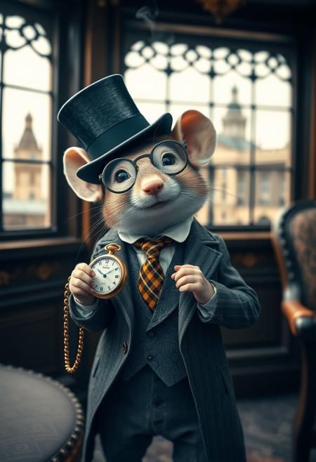 1 cute mouse,wearing a luxurious costume,standing_fierly,top_hat,monocle,dandy,  handling_old_pocket_watch_attached_with_chain,smoking,mouth_open,snob,aristocrate,detailed english_interior daylight 1960_year intricated_costumes_pattern,paisley,checkered_necktie,collared_shirt, pay attention on details of the costume,windows_showing london_city