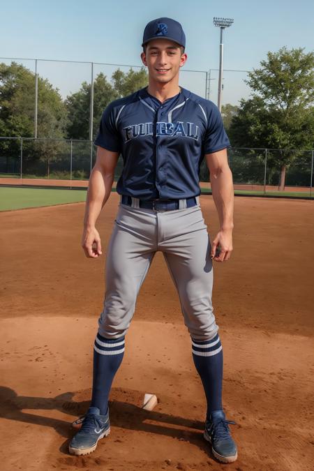 outdoors, ((baseball field)), DrakeTyler, baseballplayer, baseball uniform, dark blue jersey, gray pants, dark blue socks, gray sneakers, dark blue baseball cap, smiling, masterpiece, (((full body portrait))), full body shot, wide angle  <lora:DrakeTyler:0.75>  <lora:Clothing - Sexy Baseball Player:0.6>