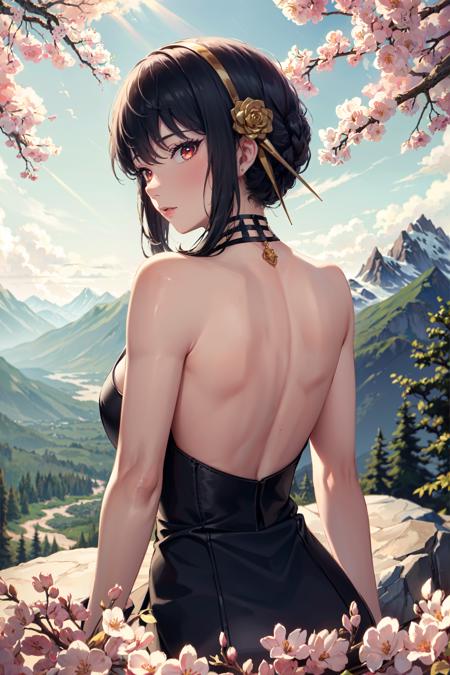 YorForger red eyes, bangs gold hairband, hair ornament, necklace, gold earrings, choker black dress, black gloves, fingerless gloves, black panties, black thighhighs, boots, black footwear