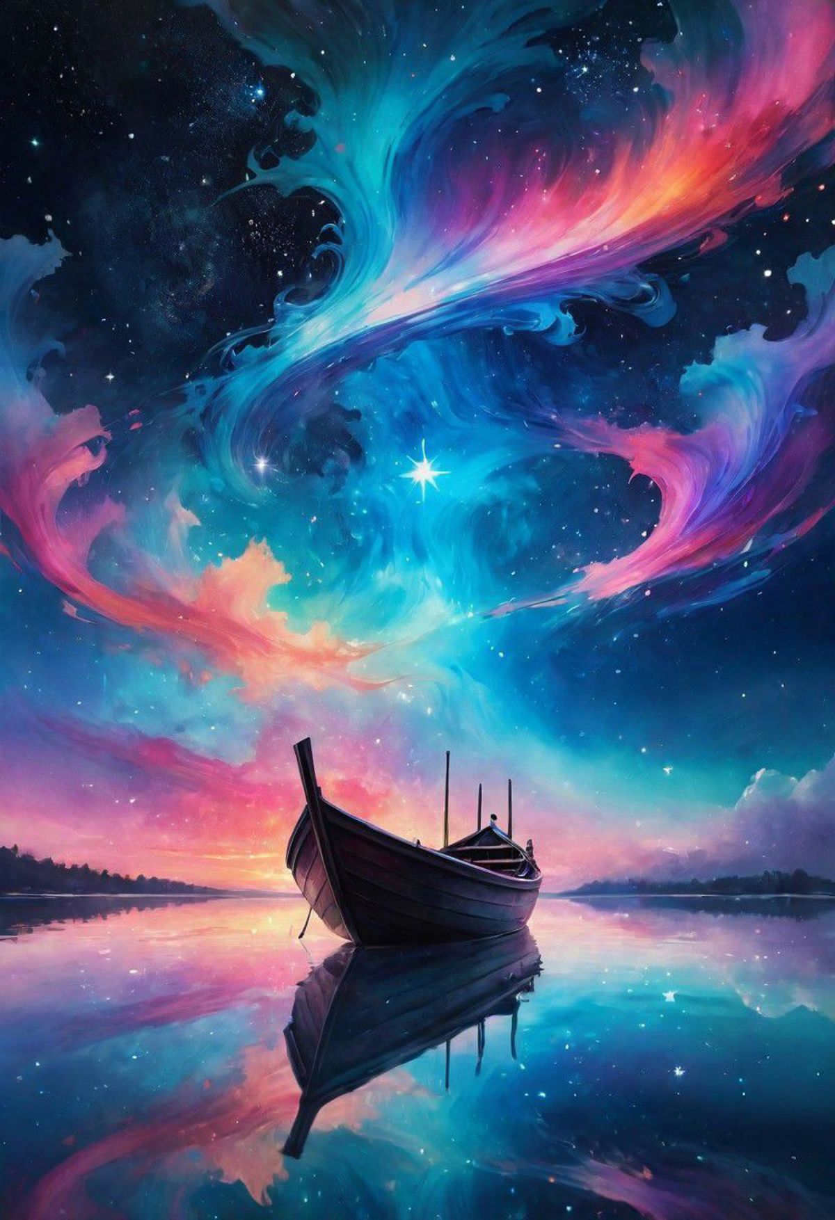 A painting of a boat on a lake at sunset with a starry sky.