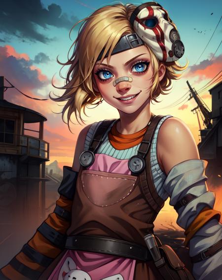 Tina,blue eyes,blonde hair,
shirt,apron,detached sleeve,bandaid on face,mask on head,
standing,upper body,smile,
wastelands,carnival,
(insanely detailed, beautiful detailed face, masterpiece, best quality),solo,<lora:TinaBL2-10v2:0.8>,