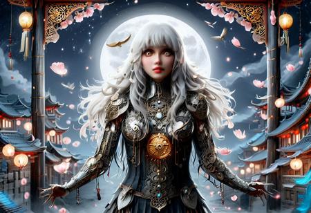 8K, masterpiece, best quality, night, full moon, 1 girl, Chinese style, Chinese architecture, mature man, silver white long haired ,long hair, light pink lips, calm, rational, bangs, gray pupils, assassin, fan, knife fan, petal dancing, delicate face