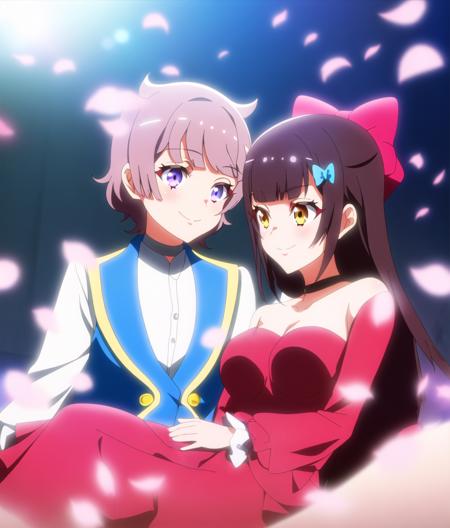 SasugaChisa; YanagibaPanda; 2girls, multiple girls, cowboy shot, illustration,   official art,   stage curtain behind, intricate details 
petals, bow, smile, dress, princess carry, red bow, red dress, choker, breasts, carrying, on stage, lighting, lens flare abuse red bow, purple eyes, yellow eyes, beautiful hands 
 <lyco:worlddaistar-step-40000:1.0> <lyco:GoodHands-beta2:1.0>