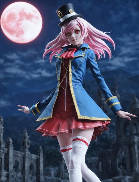 masterpiece, best quality, ultra-detailed, wide angle, wide shot, full body, necropolis, night, full blood moon, a secret society of time travelers, emullh, 1girl, pink hair, short hair, blue jacket, top hat, long sleeves, white thighhighs, red eyes, looking at viewer, (8k, masterpiece, best quality, ultra-detailed), cinematic lighting, Intricate, High Detail, Sharp focus, dramatic <lora:emullh_xl_01:1>