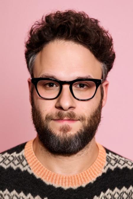 <lora:Seth_Rogen_Lora-12:1>, man, glasses, high quality, wearing sweater, detailed face, headshot, professional lighting, realistic, plain pastel background