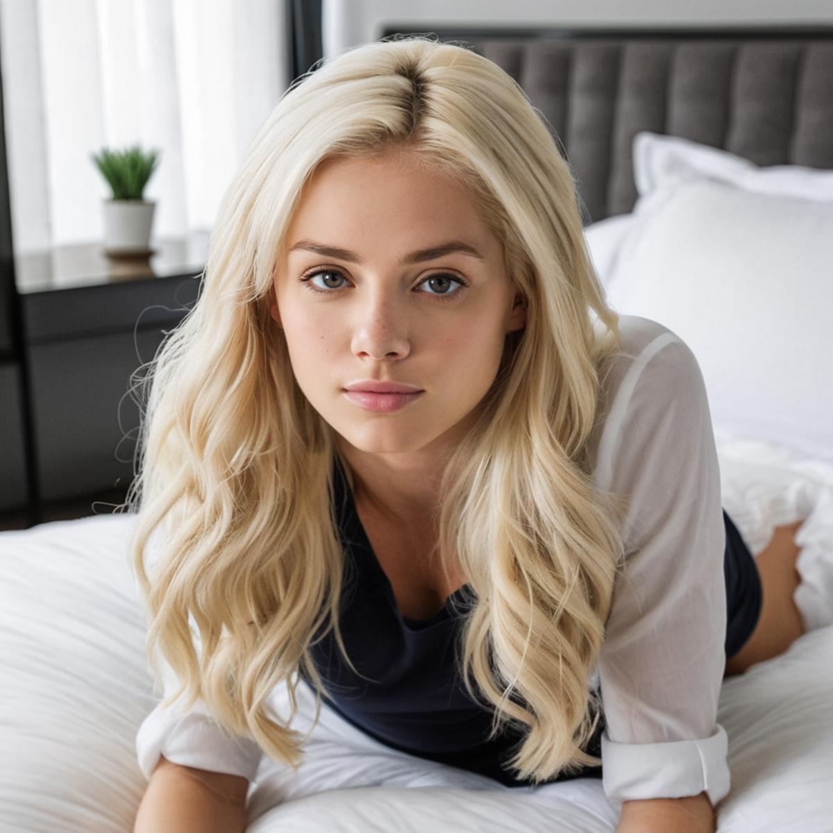 A blonde woman in a white shirt lying on a bed.