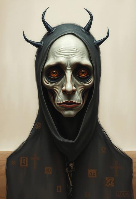 A mysterious, otherworldly figure, 
eerie surrealist composition, minimalist dreamscape, exaggerated grotesque facial expressions, muted earthy tones with contrasting skin colors, quiet yet unsettling atmosphere, symbolic and existential themes, vast empty backgrounds, bold expressive brushwork