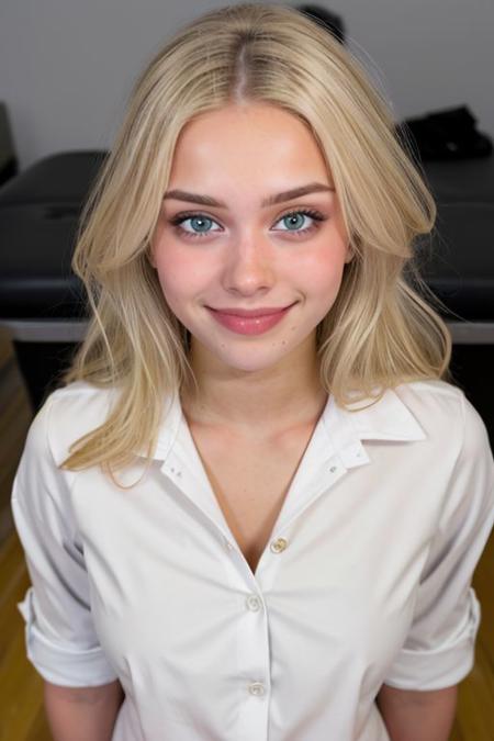 (face like emmatopdown),  body like goose_fit_girl,
blonde hair, athletic body,  eyecandy, desirable, 
(tiny breasts), beautiful green eyes, fit body,
 realistic,  
(wearing large buttonup shirt ),
nervous, tiny smile, 
 (facial), mouth closed