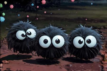 <lora:sootSprite_h:0.8> sootSprite, 3 highly detailed sootSprite queue up and walk,  Ghibli style, soot , outdoor,  grass, blue sky,  white cloud, bokeh background, traditional Japanese building,  sea ,arms and legs