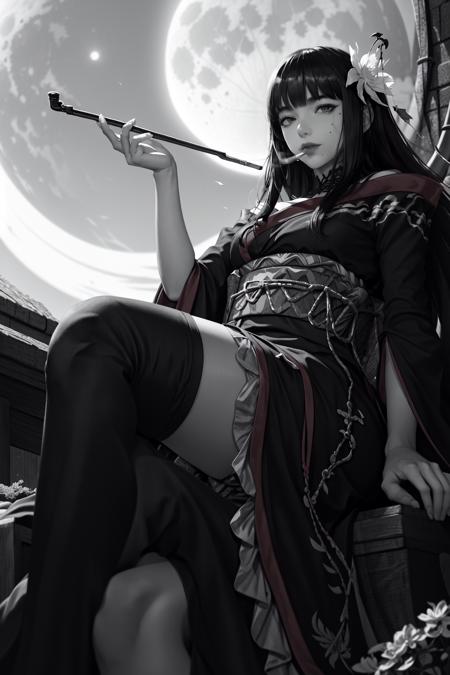 Yotsuyu FFXIV,  1girl,  bangs,  blunt bangs,  feet out of frame,  flower,  from below,  greyscale,  hair flower,  hair ornament,  holding,  holding smoking pipe,  hyur,  japanese clothes,  kimono,  kiseru,  long hair,  looking at viewer,  looking down,  mole,  mole under mouth,  monochrome,  moon,  obi,  obijime,  off shoulder,  sash,  sitting,  smoking pipe,  solo,  thighhighs,  wide sleeves, <lora:EMS-49404-EMS:0.800000>