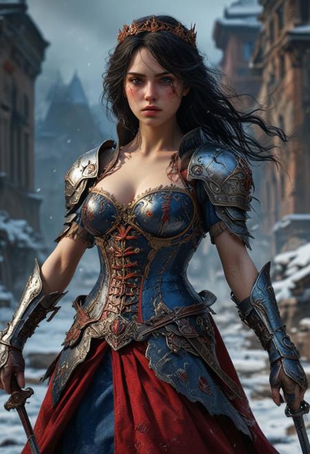 High resolution ultra-realistic of Beautiful Snow White warrior, Fantasy style, 8k, capturing the intensity of the moment, dramatic lighting, standing on a bloody and stormy battlefield in a fighting pose, fire, intricately designed iron armor, red skirt, perfect athletic figure, beautiful Warrior Swow White, fire, dirty face, ultra realistic, cinematic style, athletic figure, dark fantasy, covered in dirty and blood, cinematic colors Lighting, extremely detailed, 8K, wavy black hair, realistic dirty bloody pale face, realistic blue eyes, beautiful Snow White on in cool iron armor, hyper-detailed, hyper-realistic, bright colours, Attractive 21 old years girl, Attractive, beautiful firm Breasts, sharp focus, digital painting, Photograph Taken on Nikon D750, Alphonse Mucha, 8K, athletic figure, Hyperdetailed, hyperrealism, Attractive, Attractive bust girl, asymmetric balance