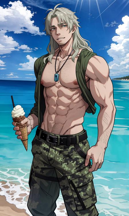 worick,male focus, 1boy, camouflage pants, dog tags, solo,nipples, abs,sky, clothes lift, day, cloud, outdoors, pants, beach, pectorals, looking at viewer,belt, holding ice cream, cowboy shot, ocean, bara, muscular male,lifted by self, cloudy sky, blue sky, <lora:worick:1>, masterpiece, best quality,