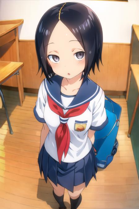 1girl, sanae_tsukimoto, black hair, short hair, black eyes, forehead, school uniform, sailor collar, serafuku, city <lora:sanae_tsukimoto:0.8>