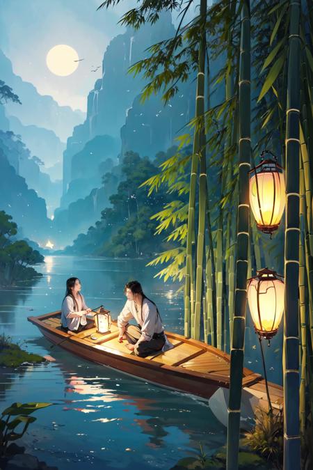 (masterpiece:1.2),best quality,PIXIV,
Hanama wine,boat,nature,watercraft,forest,bamboo,lantern,scenery,water,sitting,bamboo forest,outdoors,tree,multiple boys,night,black hair,2boys,long hair,1girl,
<lora:Hanama wine V2-000018:0.8>,