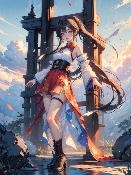 masterpiece,best quality,,<lora:yunmo-v100:1> ,yunmo, 1girl, fu hua, hair over one eye, chinese clothes, blue eyes, very long hair, china dress, boots, dress, hair ornament, bare shoulders, bangs, ponytail,<lora:ç«äº2:0.5>,