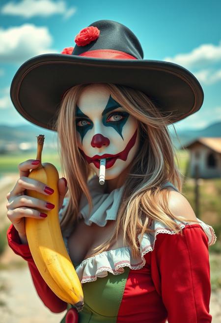 A transexual prostitute wearing a clown terror costume, borsalino hat, techno rave party, holding a banana, smoking a cigarette, country side italian background, looking at viewer, masterpiece, 4k, highly detailed, best quality,