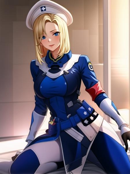 CombatMedic,  mature female,  1girl, own hands together,blonde hair, official alternate costume, blue eyes, armband,looking at viewer, multicolored clothes, alternate hairstyle, gloves, white headwear, multicolored legwear, belt pouch,(masterpiece:1.4),(best quality:1.4), medium breasts, battle,    <lora:Medic_v2.1-000006:1>,