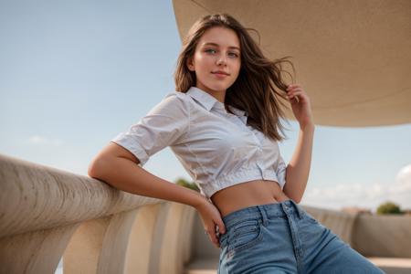 from below,photo of a 18 year old girl,hands on hips,happy,looking at viewer,blue eyes,shirt,pants,outdoor,windy,ray tracing,detail shadow,shot on Fujifilm X-T4,85mm f1.2,sharp focus,depth of field,blurry background,bokeh,motion blur,<lora:add_detail:1>,