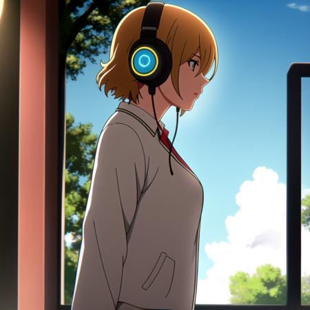 masterpiece, best quality,detailed, cinematic lighting,1girl, solo,from side,headphones,blue sky,tree<lora:supercrooksstyle:0.8>