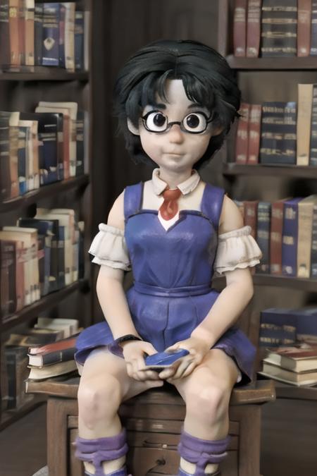 1girl, claymation, , 80's anime style,   <lora:TFM_TALIM:0.6> sitting in a temple praying, books, library