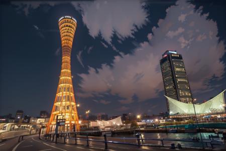 porttower, kaiyomuseum, night, scenery, water, building, night sky, real world location, outdoors, cityscape, skyscraper, city, city lights, reflection, neon lights