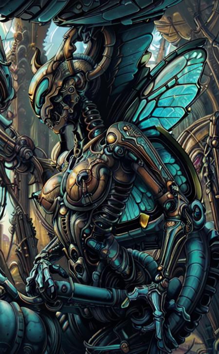 (biomechanical:1.2), <lora:Gigerotic_Anime:0.75> closeup  macro portrait, hornet fairy woman in [psychedelic industrial forest],ornate, [dark teal], [large hornet wings], [nipples]