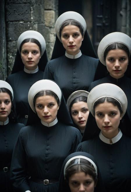 closeup front view, Split Diopter style, busty nuns standing in a row, front view, lustful blushed pureerosface_v1 vintage nuns looking to viewer, Capture the anticipation: A vintage scene unfolds as a group of nuns offering them selfes, clad in white translucent habits and bonnets, cautiously open the doors of an ancient castle. Their faces alight with curiosity and expectation, embodying a moment steeped in mystery and intrigue.
deep blacks, high contrast, atmospheric haze, Film grain, cinematic film still, shallow depth of field, highly detailed, moody, epic, OverallDetail, 2000s vintage RAW photo, photorealistic, candid camera, color graded cinematic, atmospheric lighting, imperfections, natural, shallow dof