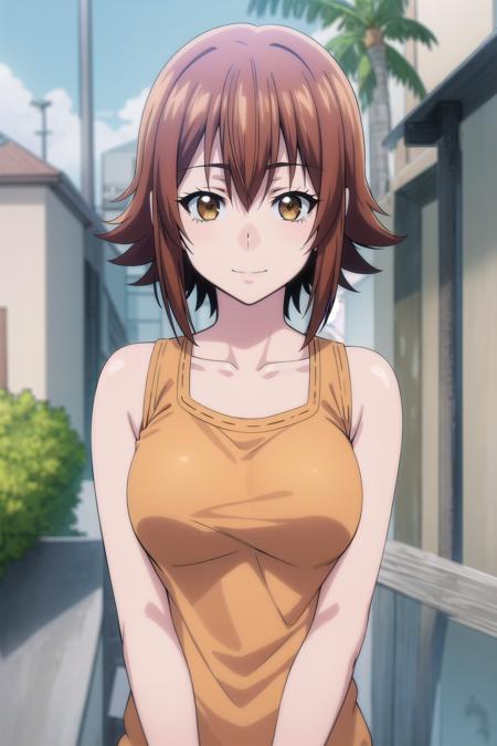 best quality, (masterpiece:1.2), highly detailed, standing, outdoors, palm tree,
1girl, solo, <lora:chara_GrandBlue_KotegawaChisa_v1:0.8>, kotegawa chisa,
looking at viewer, slight smile, closed mouth, upper body,
brown eyes, brown hair, short hair, orange tank top