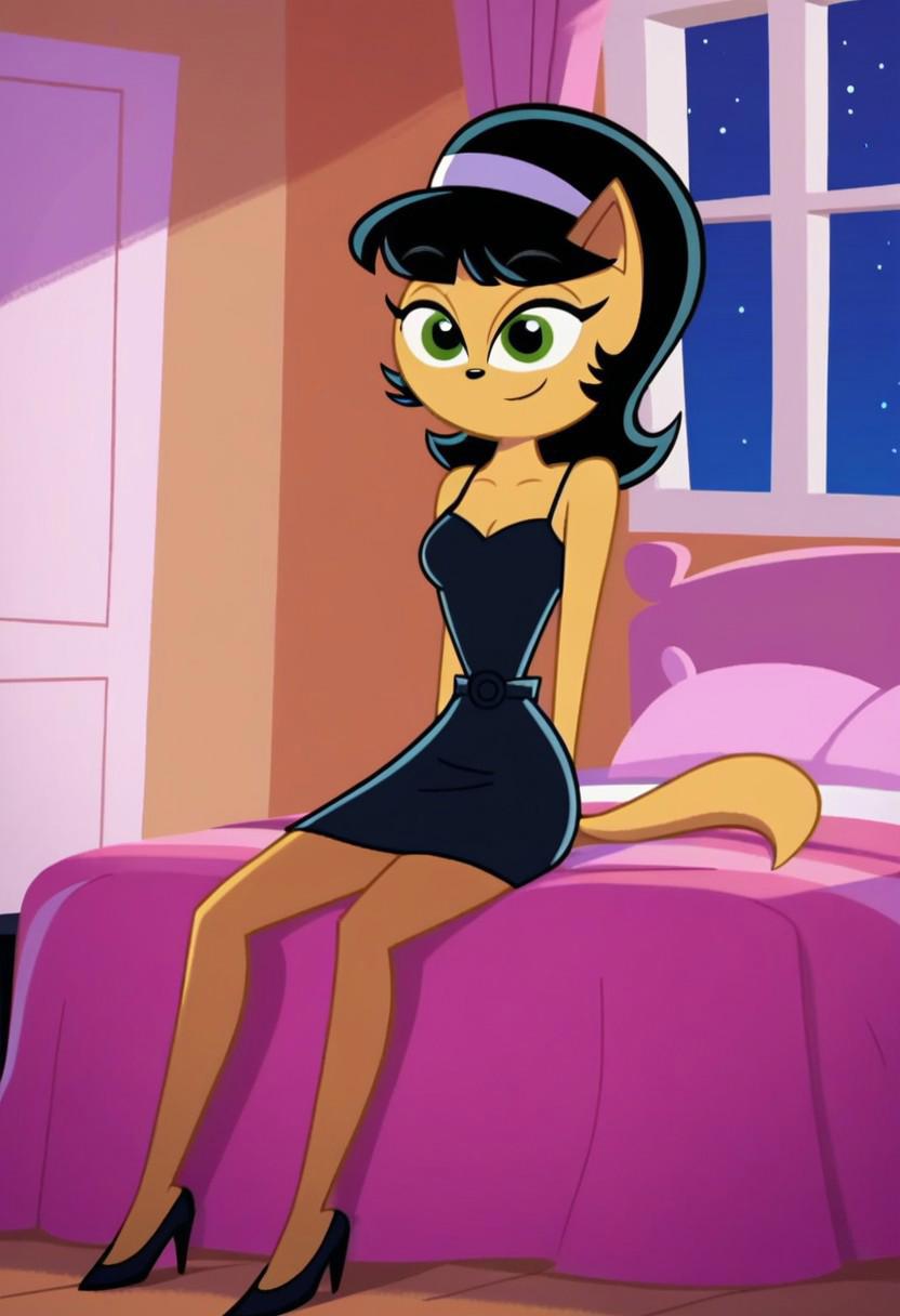 score_9, score_8_up, score_7_up BREAK kitty katswell,  anthro cat, show accurate, g4, medium breast,  1female, solo  looking at viewers, a sleeveless black spaghetti strap dress,  cowboy shot, smile,  bedroom background, window at night, sitting on a pink bed,  close up, black high heels, best quality, sexy pose