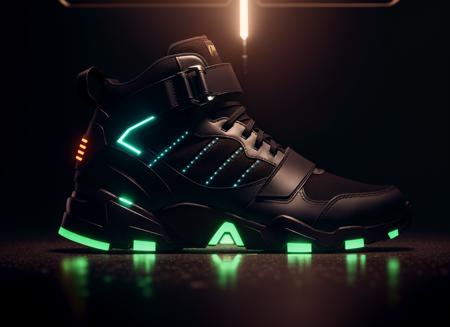 product photography of a cybepunk sneakers, epic render, octane, atmosphere, particles, soft volumetric lights, (backlit:1.3), (cinematic:1.3), intricate details