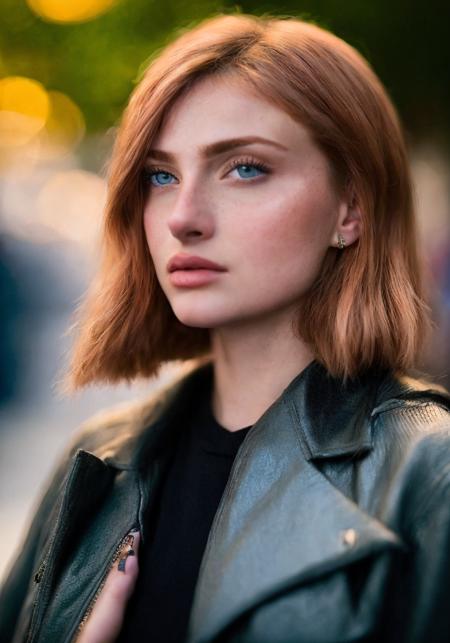 (sharp focus:1.2), photo, attractive young woman, (beautiful face:1.1), detailed eyes, luscious lips, (winged eyeliner:0.85), (tight body:1.2), wearing (jacket:1.2) at a (shop:1.2). (moody lighting:1.2), depth of field, bokeh, 4K, HDR. by (James C. Christensen:1.2|Jeremy Lipking:1.1).