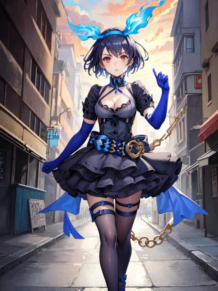 sinoalice_alice hair ribbon, dress, gothic, cleavage, blue fire, blue elbow gloves, short sleeves, black thighhighs, thigh_strap, red eyes, black high heels, checkered belt, frills