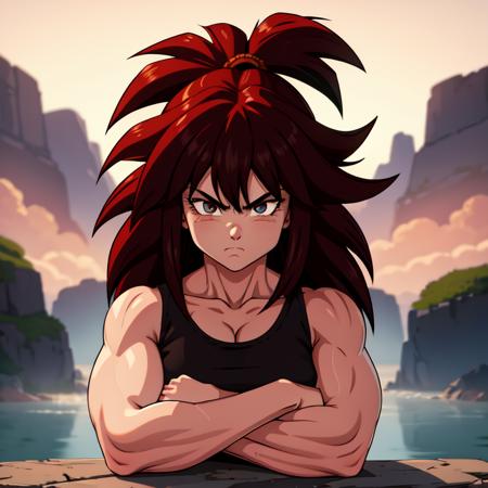 masterpiece, best quality, detailed face, detailed eyes, black eyes, highres,,<lora:Primitive Saiyan Woman:1> 1girl,Saiyaness, 1girl,Saiyan monkey tail, red hair, wild spiky hair, hair tied, long mane of hair down back, muscular woman, animal skin pelt, balled fists, scowl, arms folded