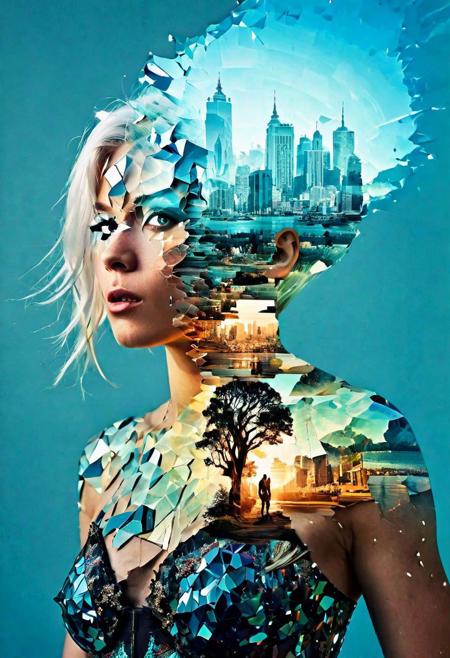 anime, Futuristic utopia, Aether, Nebula, Verdant, Canvas, Spontaneous Human Combustion, Voyage, Lovely, Grateful, (Double exposure:1.3) photo of a noble lady made of mosaic of iridescent crystal glass with sub scattering mirror surface imposing onto transparent tree hollow trunk in living brocade underbust dress made out of flowers, bokeh sky by Peter Gric, Conrad Roset, Brandon Kidwell, Andreas Lie, Dan Mountford, Dan Witz, Agnes Cecile, Jeremy Mann, fine art, super dramatic moonshine, silhouette photo illustration, amazing depth, intricate detailed fine cracked surface, stunning atmosphere, mesmerizing whimsical vibrant scenery, black humanoid made of diamonds, upper body, bare-chested, male, ((masterpiece, best quality)), ultra detail, glass skin, white electricity coming through cracks, muscular male, (dragonborn:0.6), 8k Glitch art of a Nautical Woman, at Cityscape, split diopter, Weirdcore, white hair, outdoors, detailed background, (Anime Rage pose), (Cracked Skin:1.4), anime style, realistic, p