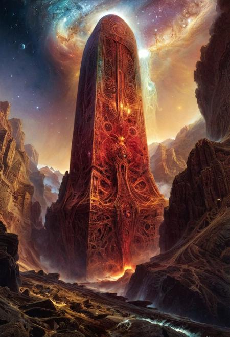 The lovecraftian depiction of the unimaginable inevitable endless cosmic horror coming from the deadly void of space in the form of the giant irritating ethereal indescribable ancient non-euclidean monolith, high quality, detailed, intricate details, masterpiece, UHD 16K, professional photograph, by thomas moran, by zdzislaw beksinski