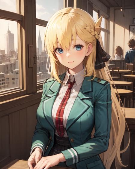 best quality, (masterpiece:1.2), illustration, absurdres, 
(1girl), (solo), (beautiful detailed girl), (upper body, portrait),
<lora:AgnesUniform-000010:0.9>, Agnes Claudel, blonde hair, long hair, low-tied long hair, hair ribbon, blue eyes, large breasts,  green school uniform, red necktie, black pleated skirt, black thighhighs, brown loafers,
looking at viewer, happy
inside trendy cafe, window, day, godrays, sunlight, buildings,