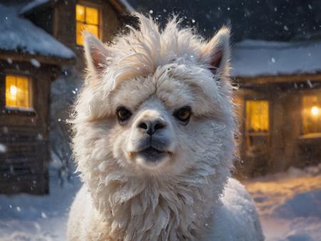 style by (Clay Mann:2.5),unique realistic,full grown photo, (fluffy cute snow-alpaca puppy:1.8) phantasmagoria, Christmas Night Atmosphere,Dynamic Angle,Dramatic Lighting,strom-snowfall detailed winter masterpice,digital painting,<lora:add-detail-xl:1.4>, windy epic polar,perfect freckles face,dirty fantasy,(luminous yellow eye),professional make-up,mesmerise 1female selfie, ,Huge Detailed Scene inspired by the catwoman <lora:xl_more_art-full_v1:0.95>