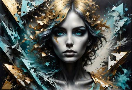Award winning painting by Mario Sorrenti contrasting geometries, mixed media art distressed color photocopy, black gold white turquose