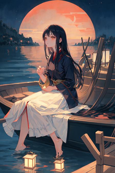 dreamlike, oriental, scenery, navy, overcast, moon, water, shadow, boat, 1girl, sitting, holding lantern, detailed long black hair hime cut, long wide sleeves