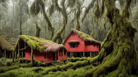 old hut(wood, mossy, chimney, light red color), in the jungle surrounded by trees and