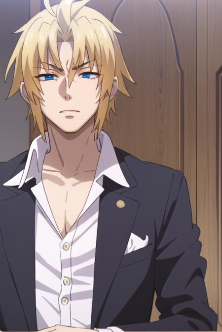 riser phenex, blonde hair, closed eyes, male focus, blue eyes, (parted bangs:1.5), shirt, white shirt, collar shirt, high collar, blazer, red blazer, pants, red pants,