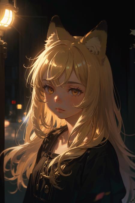 (masterpiece, cinematic composition, cinematic lighting, bokeh, depth of field, bloom, shine, moody lighting),
(1girl, fox ears, upper body, blonde hair, long hair, straight hair, parted bangs, lips)