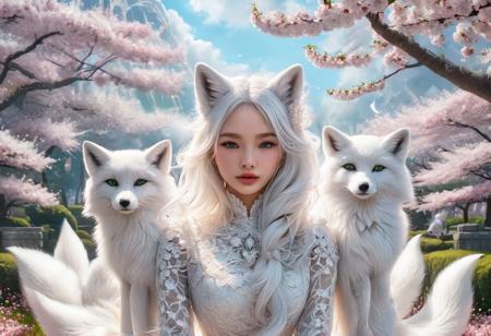 (a beautiful girl with nine lush big fluffy tails poses in the middle of a garden of sakura blossoms), furry woman, a woman with 9 white  tails ((gumiho)) ((nine tailed white fox)) fox tail,fox ears,beautiful dress, very cute faces, looking at the viewer,white smoke , (cinematic pose) aurora background, perfect face, perfect hands,detailed symmetric circular iris, love magic, beautiful sky realistic, octane render, intricately detailed, cinematic, Isometric, fantasy theme, mystical, deviant art masterpiece, green eyes, colour grading, light illustration, extreme quality, extremely detailed, ultra-detailed face, ultra hd 8k, concept art, hyperdetailed, triadic colours, fantastical, intricate detail, splash screen, complementary colours, fantasy concept art, 8k resolution, soft lighting, film photography, film grain, hyperrealist,   <lora:Mr_Fox Spirit:1>,