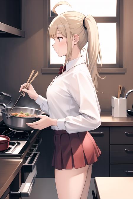 yoshida akihiko, 

1girl, ahoge, apron, bangs, blonde hair, brown eyes, chopsticks, cooking, from side, frying pan, kitchen, long hair, long sleeves, miniskirt, pleated skirt, school uniform, shirt, side ponytail, sidelocks, skirt, solo, stove, white shirt

<lora:yoshida_akihiko_offset:1>